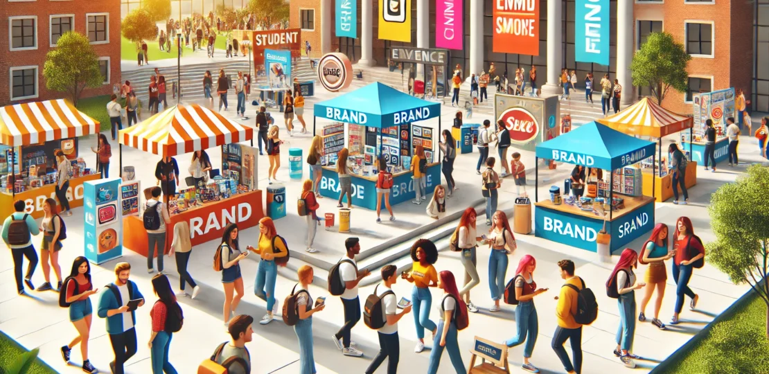 DALL·E 2024-11-13 12.42.25 – A vibrant and engaging scene showcasing college students interacting with various brands. The image should depict a college campus setting, with stude