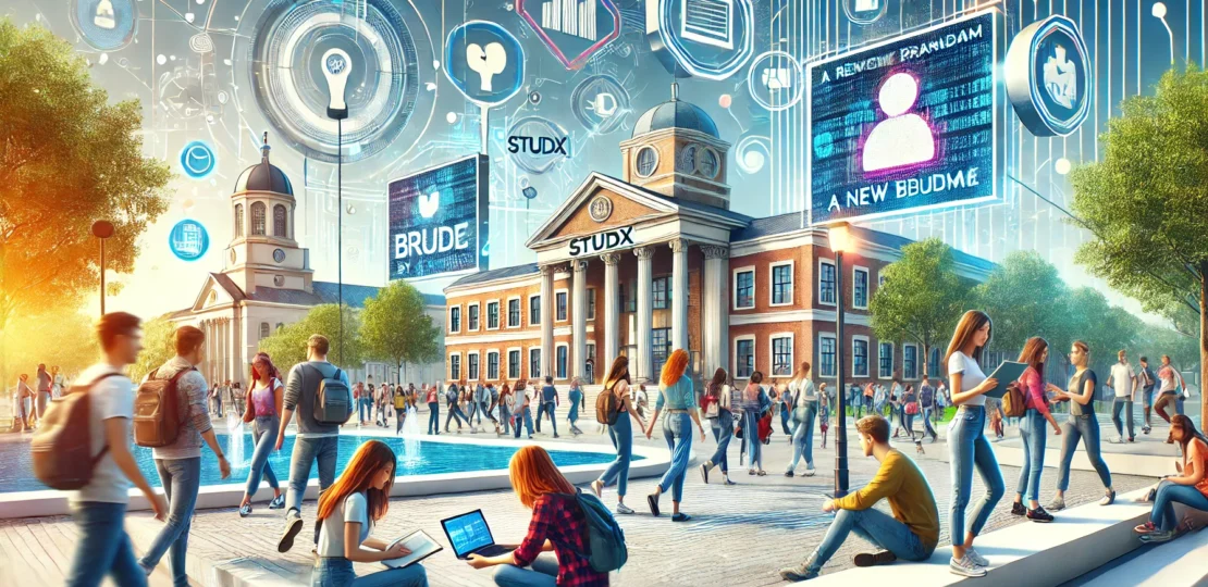 DALL·E 2024-11-13 12.52.05 – An inspiring and modern image representing the theme ‘Connecting Brands and Student Life_ A New Paradigm by studX’. The image should feature a vibrant