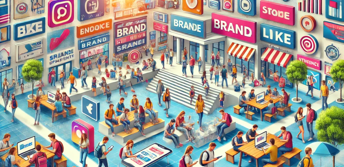 DALL·E 2024-11-13 13.39.28 – A modern, vibrant horizontal image depicting a college campus scene where students are interacting with brands. Some students are using mobile apps to