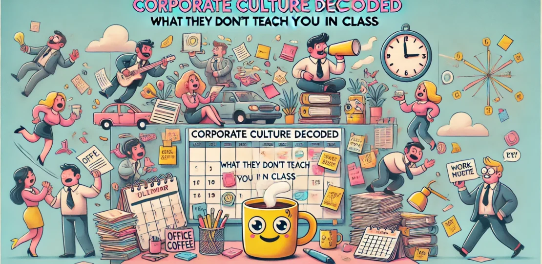 DALL·E 2024-11-18 17.30.43 – A humorous banner for a blog titled ‘Corporate Culture Decoded_ What They Don’t Teach You in Class,’ with a new color theme. The image should depict a